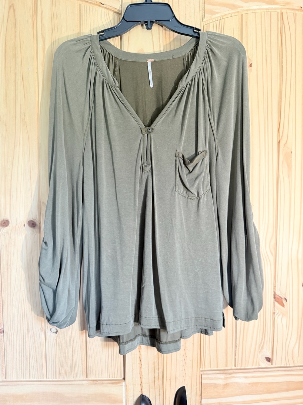 Free People Olive Green Henley Pocket Top Roll Tab Sleeves M